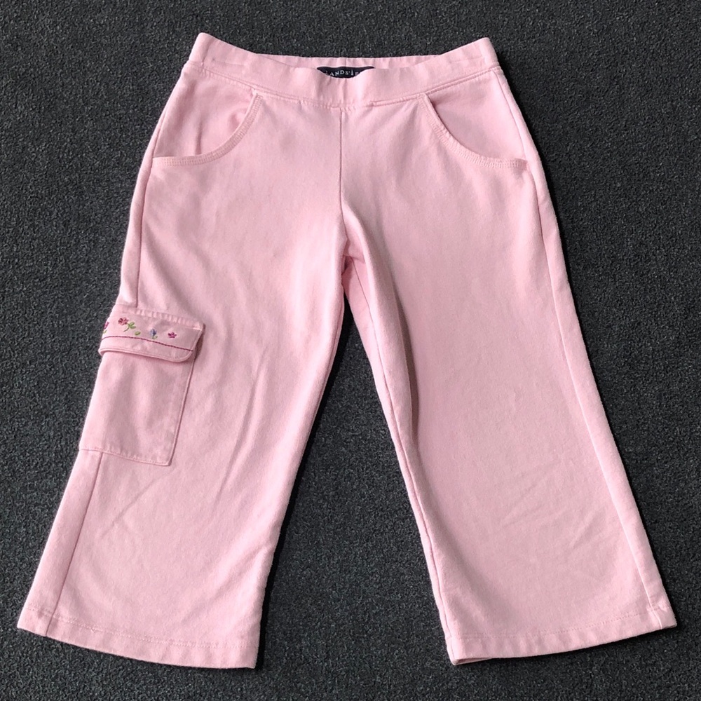 Lands End Girls Cotton Blend Capris Sweatpants With Cargo Pocket Pink Size 6